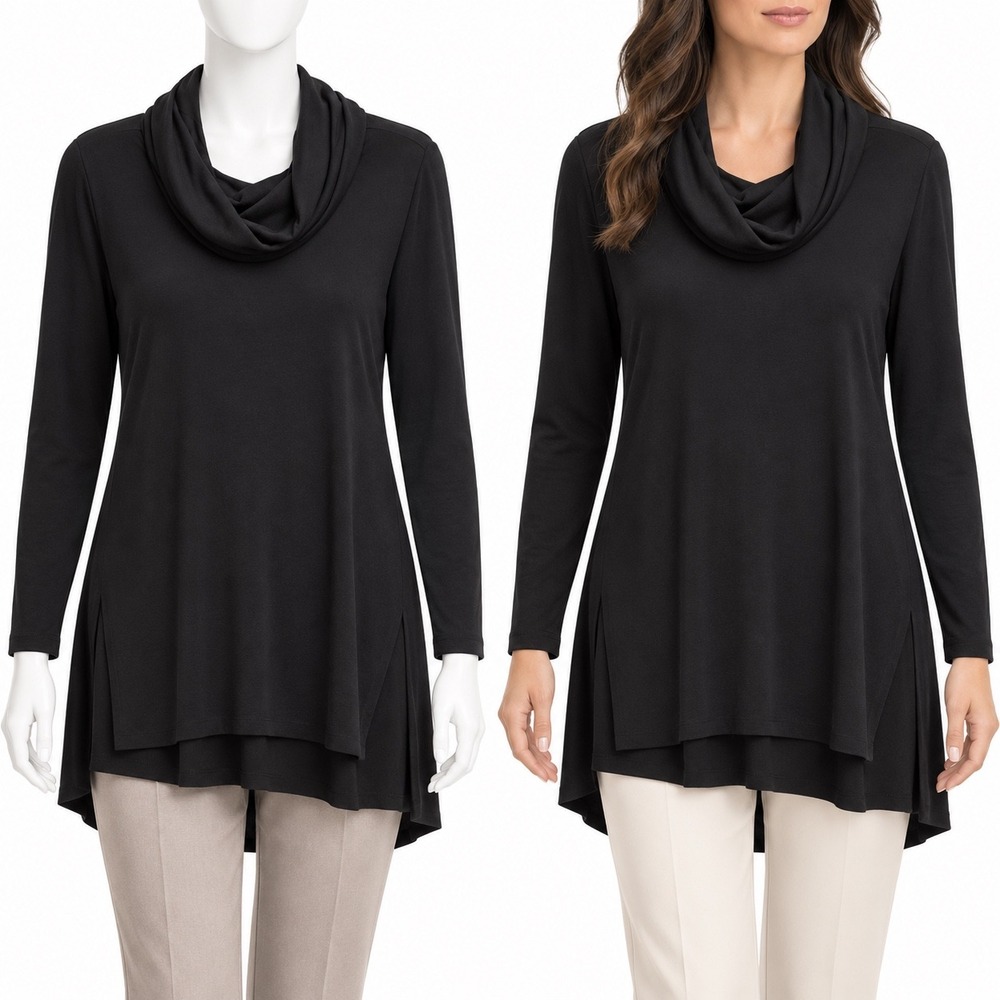 Lisa Rinna Tunic Top Women L Petite Black Cowl Neck Layered Hem Chic Minimalist